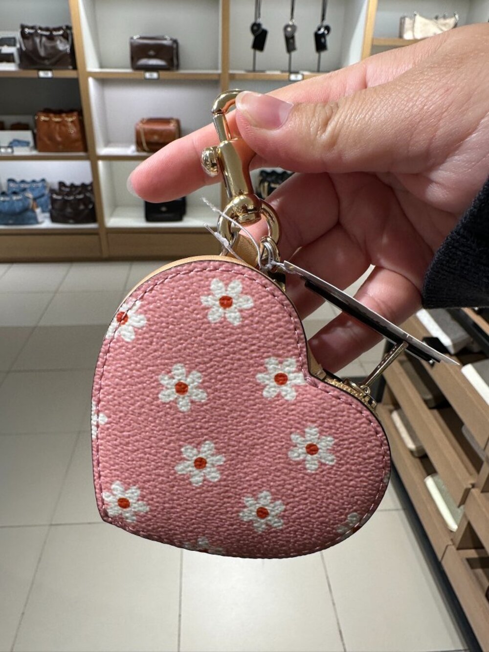 NWT! Coach CEU35 Heart Bag Charm With Floral Print Gold/Pink Multi